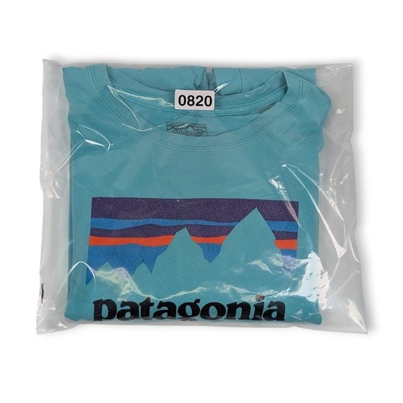 Patagonia Shop Sticker Long Sleeve Tee Mens Medium Turquoise Organic Cotton - Picture 9 of 9